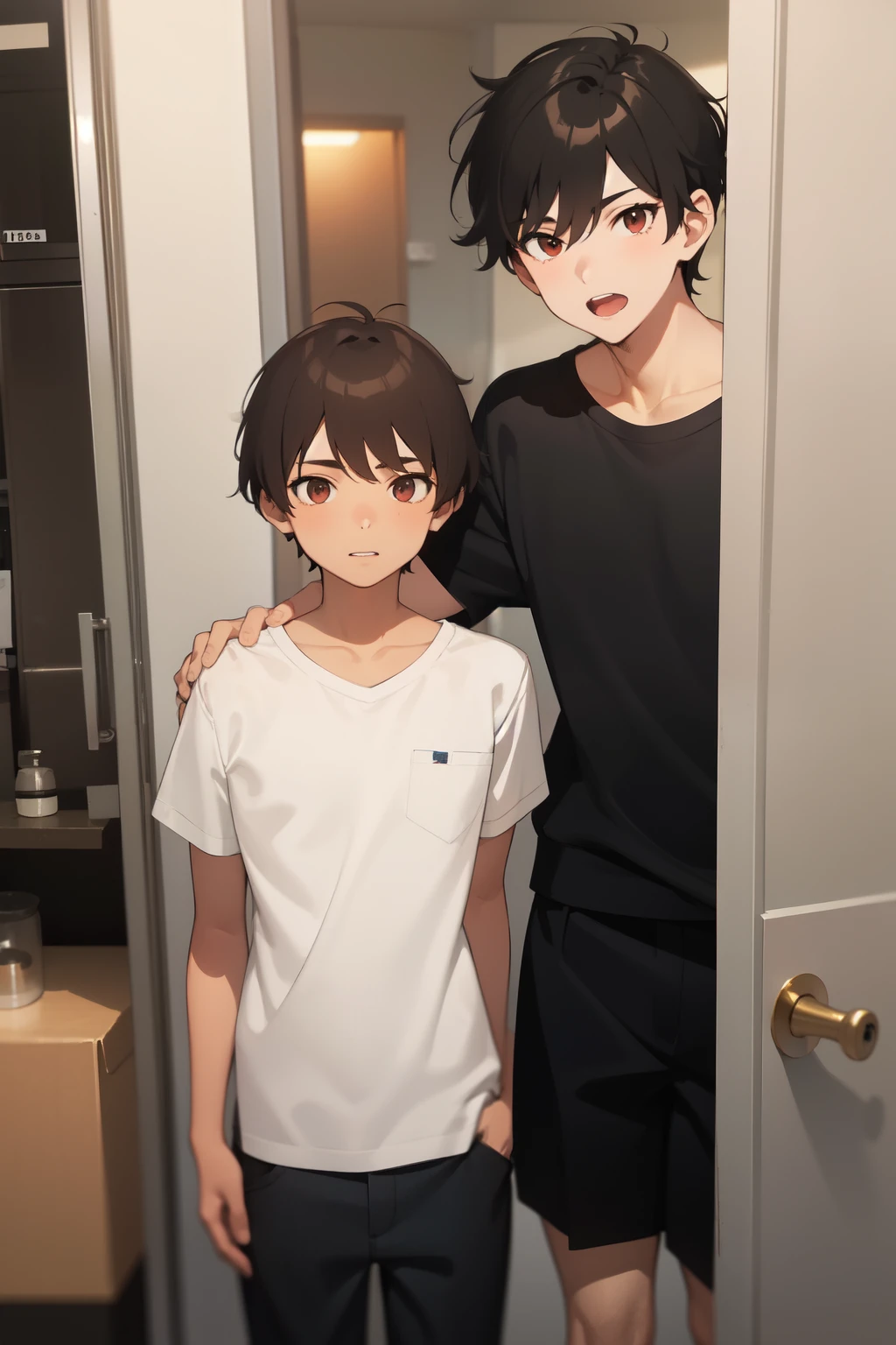 A 16-year-old man with black hair and red eyes and his friend, 13 years old with brown hair and black eyes, were in front of the door.