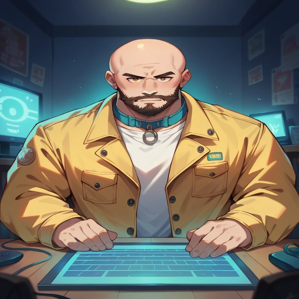 A bald guy with a short, stylish beard, athletic body, wearing yellow jacket with blue neon, sunglasses, in his bedroom, using a computer to hack, sci fi environment, night-time, POV view