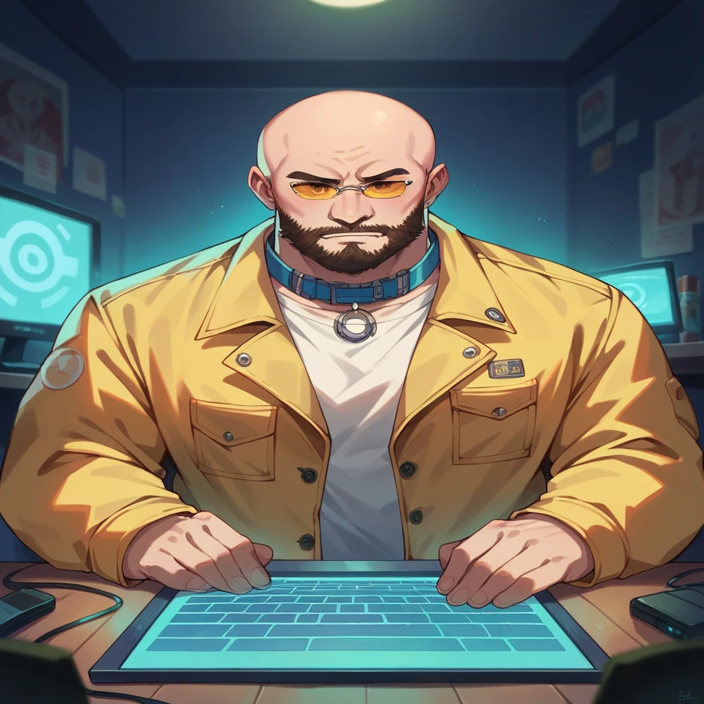 A bald guy with a short, stylish beard, athletic body, wearing yellow jacket with blue neon, sunglasses, in his bedroom, using a computer to hack, sci fi environment, night-time, POV view