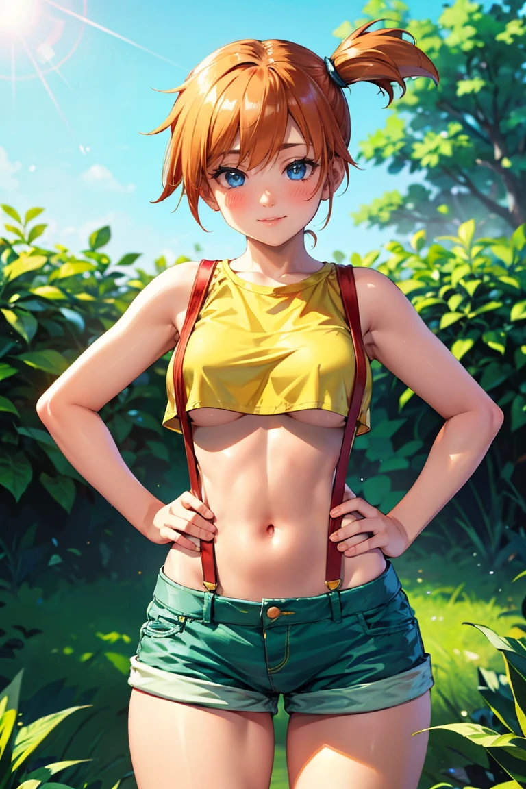 from front, belowview,,Dutchangle,soro focus.,(upperbody:1),(,best quality, ultra detailed),superfineillustration,anime studio,highly detailed, (detailed background, complex background:1.2), (perfect face, detailed face), full-face blush, (smile, happy), (milf, mature girl) misty_(pokemon), short hair,side ponytail, looking at viewer, smile, blush, navel, shorts, blue eyes, (suspenders), shirt, crop top,beautiful abs,(beautiful under_boob), midriff, short shorts, medium breasts,(beautiful body),(skiny skin).(). (outdoors, garden, thighs,standing),depth of field,(professional lighting,cinematic lighting,lens flare.beautifully lit),(hands on hips) ,misty_(pokemon),