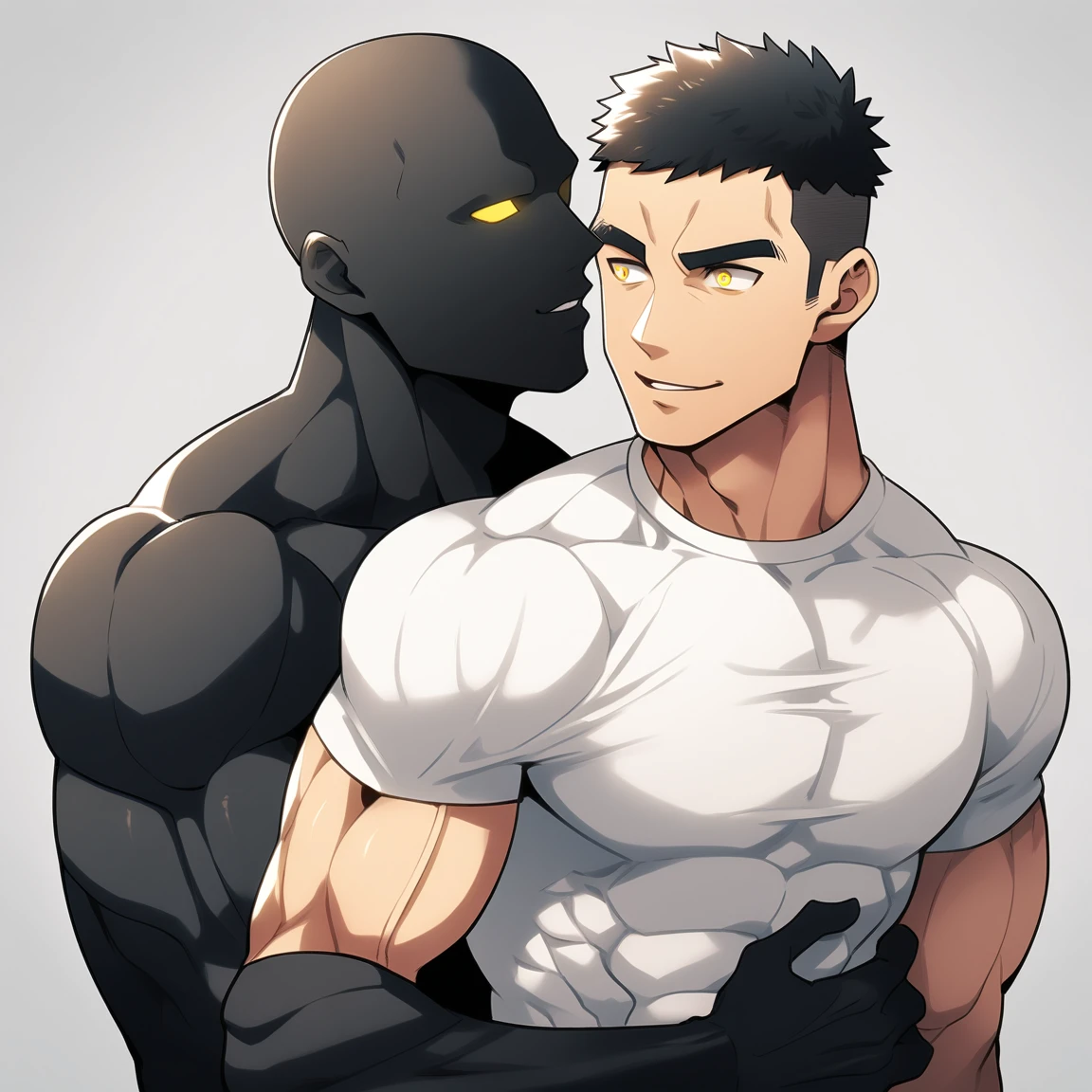 anime characters：Two superheroes in tights, Muscle Sports Student and Muscle No Face skinhead superhero, No Face，negro black skin, They hugged and kissed each other, Bite your neck, Caress, Manliness, male focus, Yellow and black high collar long sleeve tight T-shirt, Slightly transparent material, Very tight, Round, full and perky chest muscles, Muscle waist, Slightly transparent, muscular male, muscular, only, Upper body, alone, Black short hair, Thick eyebrows, stubble, Yellow eyes, Grey background, simple background, amazing quality, best aesthetics, Ridiculous, bright pupils, crew cut, parted lips, seductive smile, torogao, naughty face, drop shadow, best quality