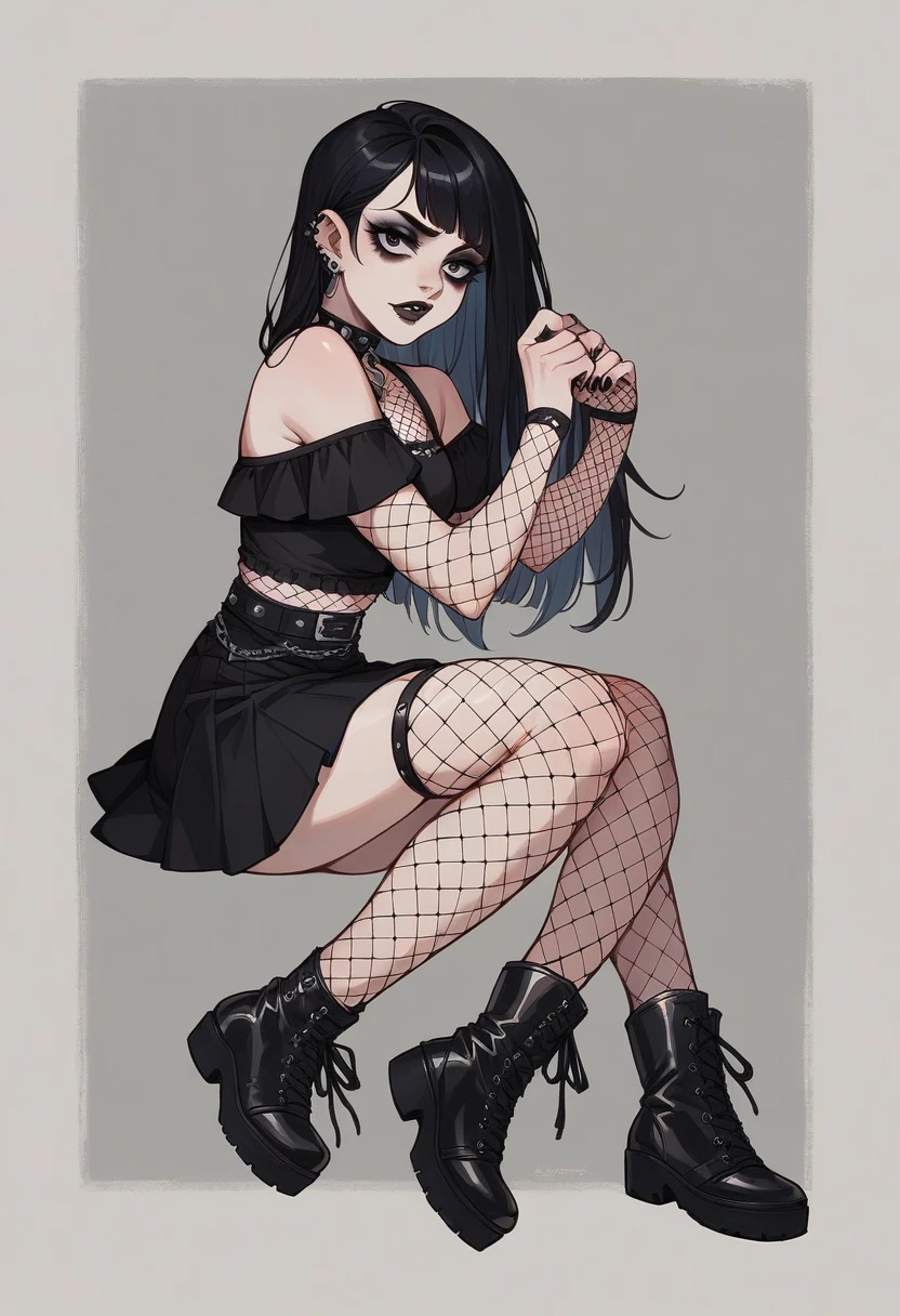 gothic chuca, with black skirt, mesh netting, gothic boots, taking a photo in his room