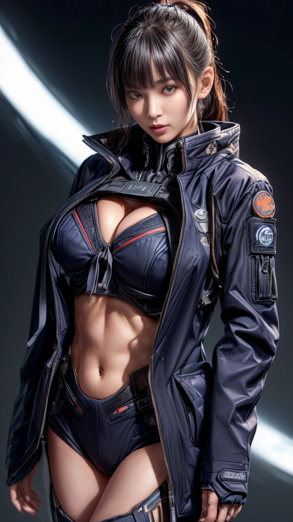 (nsfw:1.2)、Very beautiful woman、Slender women、(Detailed face)、Realistic Skin、((Delicate photo)),(Girl Masterpiece RAW Photo Details:1.25), (Highest quality:1.6), (Ultra-high resolution:1.5), (Realistic:1.75), 8K resolution, Canon EOS R5, 50mm, Absurd, Ultra-detailed,Cinema Lighting、One girl, 白hair,((hime_cut))、Smile、((Ultra Tie Navy Jacket Coat)), Chest Rig, cyber punk, ((Techwear)),I can see your abs、Bra Top、((((Big Breasts))))、((The abdomen is visible))、(((Ultra-delicate and futuristic design)))、Biting into the crotch、((logo))、((Text on clothing))