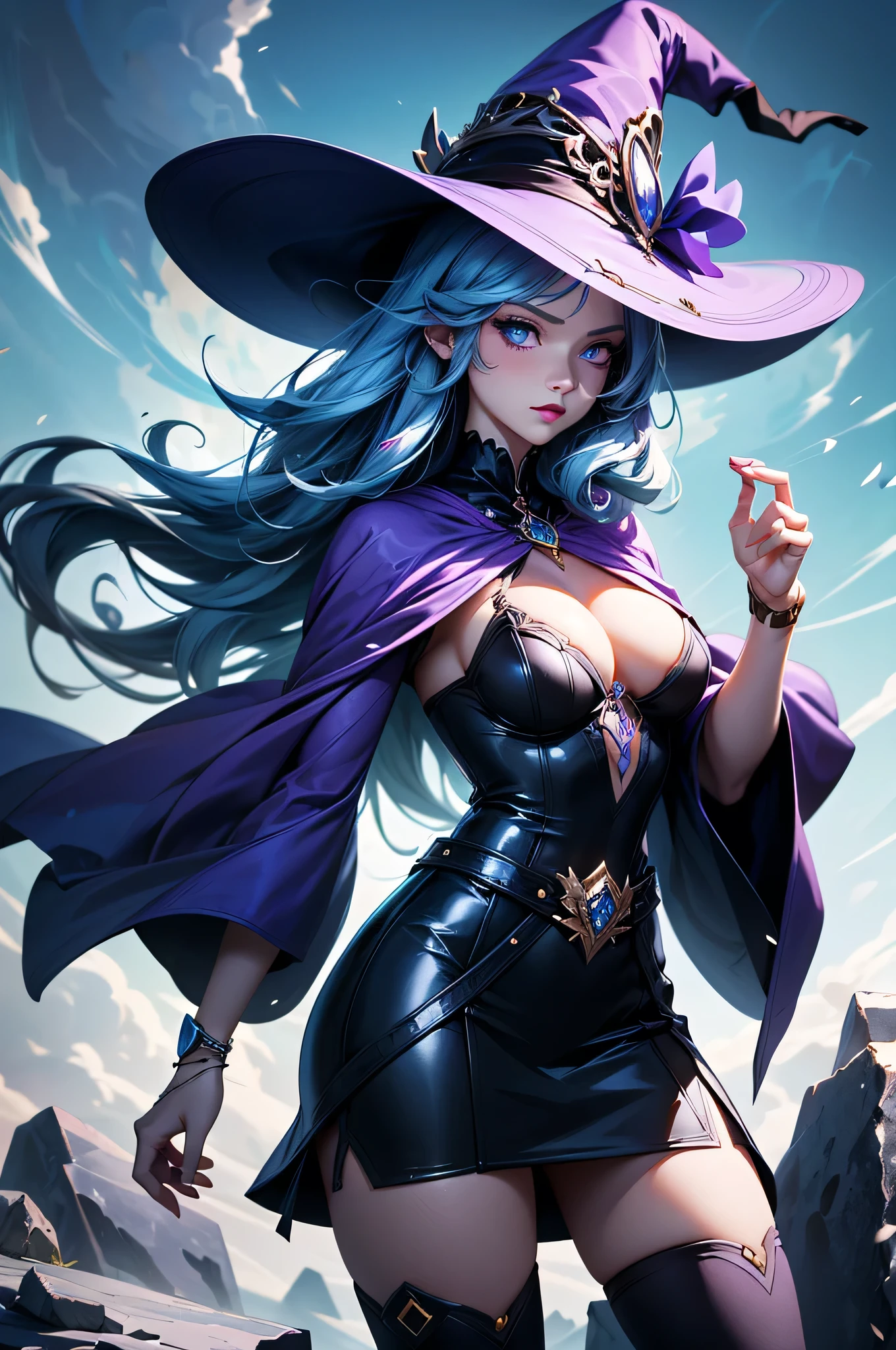 In the middle of so the storm on the stone field stand beatiful witch, she have a beautiful face with blue eyes shining purple lipstick and purple eye shadows, she have long blue hair with purple highlights, she dressed in black long coat short skirt high heels shoes and witch hat on her head , there is lighnings all around her, (ultra high quality fantasy art, anime fantasy style, masterpiece, ultra high quality character design, 8k quality anime art, realistic anime art, top quality wallpaper illustration, detailed ultra high quality accurate face, high quality design and accurate physic)