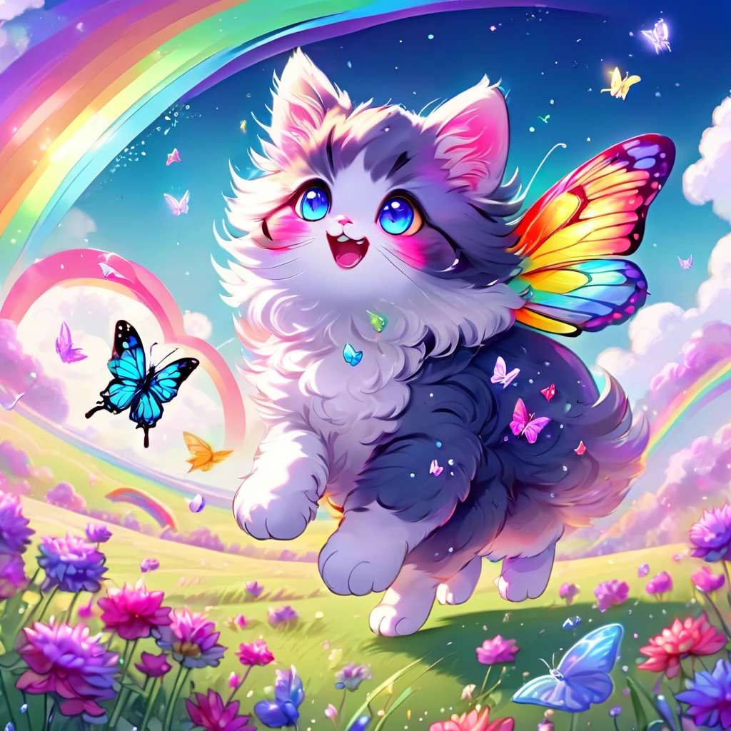 Butterfly and cat fusion。Fluffy fur cat。Jump。fly in the sky。Rainbow colors。bright。Fairy。Flower field and crystal。mineral。