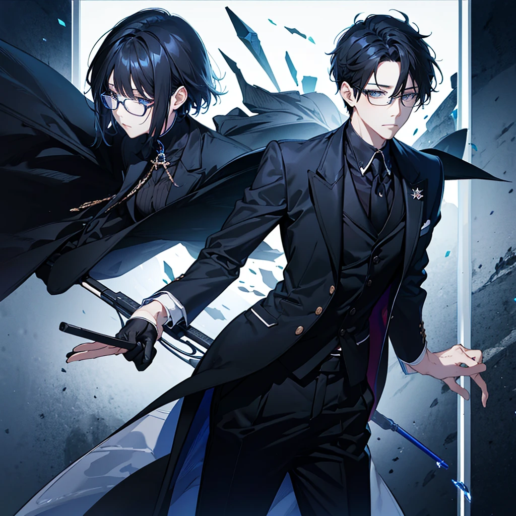Glasses、Black Hair、Short Hair、suit、Black gloves、Blue Eyes、Soft Light