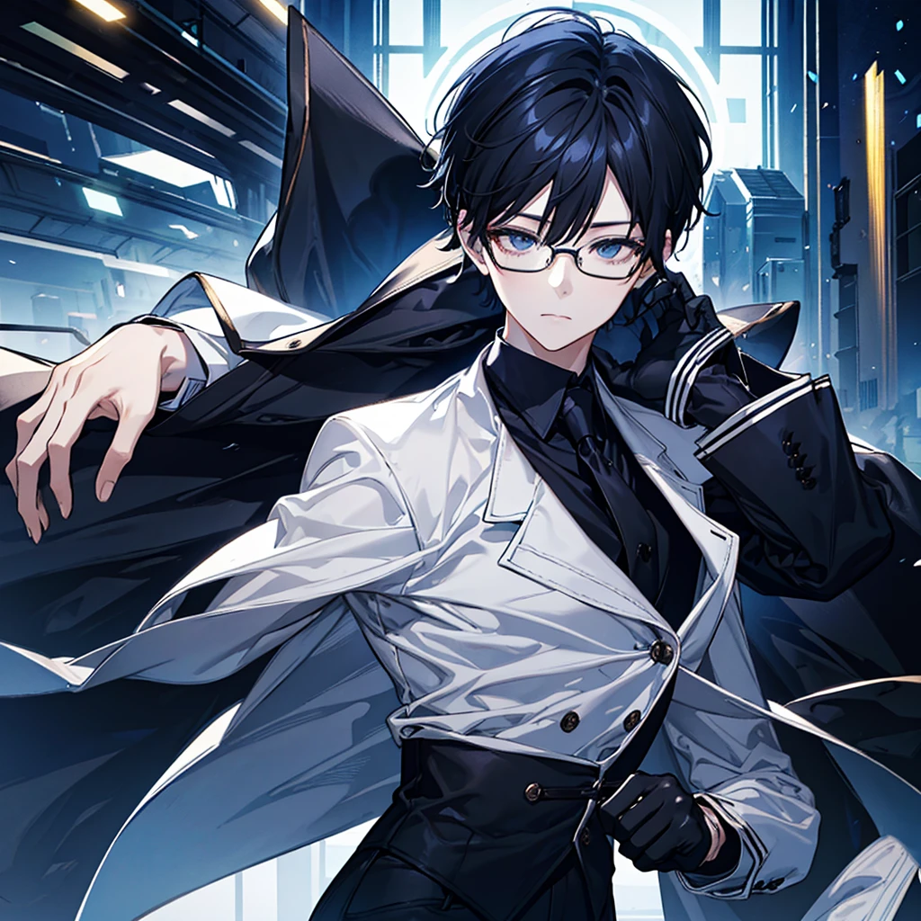 Glasses、Black Hair、Short Hair、suit、Black gloves、Blue Eyes、Soft Light