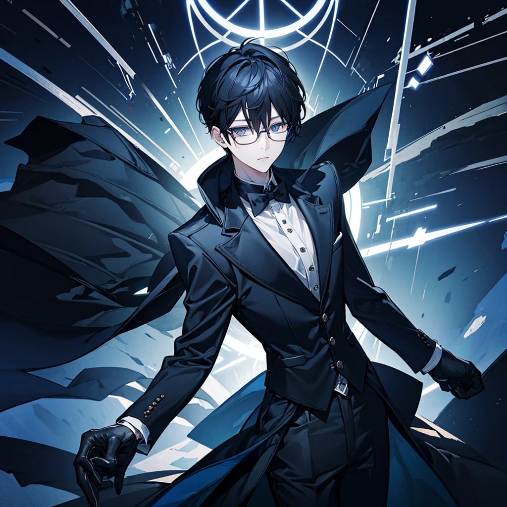 Glasses、Black Hair、Short Hair、suit、Black gloves、Blue Eyes、Soft Light