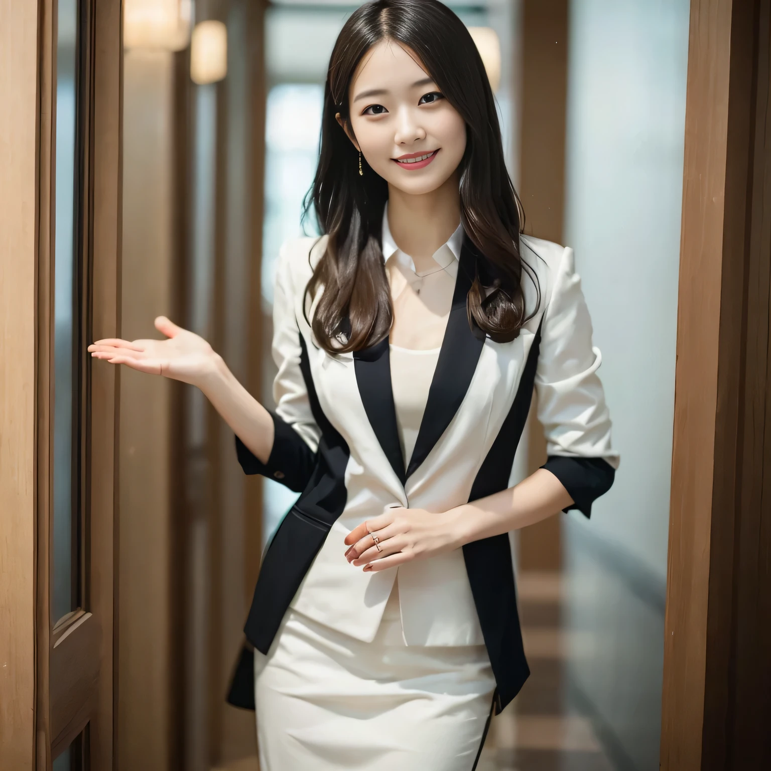 A beautiful Japanese woman with long, dark hair, wearing a light-colored blazer and a striped tie, standing in an elegant, well-lit hotel lobby. She is smiling warmly and holding out one hand in a welcoming gesture.