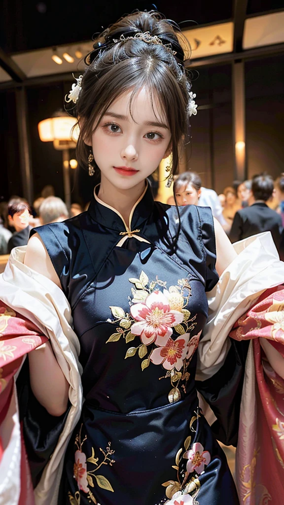 A beautiful woman wearing an elegant Chinese dress。The brightly colored dress brings out her beauty、Detailed embroidery adds elegance。Black hair flows smoothly、Matches the design of the dress。Deep eyes reflect the passion and intelligence hidden within.、Smiling lips exude dignity and elegance。Her attitude is full of confidence、The style of the Chinese dress makes her beauty stand out even more.。