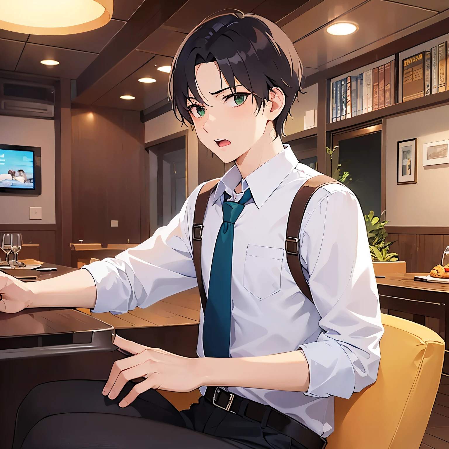 upper body、shiny skin、masterpiece、Highest quality、(25-year-old male:1.5) and (Brown short hair) and (Green Eyes), (white collared shirt) and (Green tie)、Sitting、(surprised:1.5)、open mouth, The background is the interior of a restaurant at night.、(Alone:1.5)
