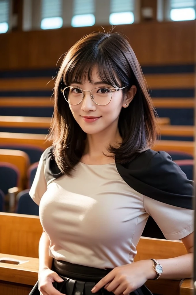 Adult feminine sex appeal、Sexy female scholar、University lecture hall, university psychology associate professor, ((full body)), ((photo)), ((best qualtiy, 8K, tmasterpiece:1.3)), Focus:1.2, perfect figure beautiful woman:1.41woman, cowboy shot, look at viewer, eyes facing the camera, incredibly absurd, beautiful and cute woman with a photorealistic face, showcasing top-quality craftsmanship, A Japanese woman giving a lecture at a university lecture hall, 27 years old, with a bob cut and flipped hair, short bangs swept at an angle, smooth and shiny hair, natural hairline, fair and smooth skin, plump and healthy cheeks, large, jet black eyes, round eyes, long and upward-facing eyelashes, double eyelids, thin and straight eyebrows, small and round nose, plump lips, upturned corners of the mouth, charming smile, cute face, glamorous, well-balanced proportions, tall, beautiful D-cup breasts, silver-rimmed glasses, pink blouse, black tight skirt, fashion with a waist-marked silhouette, scarf, heeled shoes, vanilla perfume, beautiful, pretty older woman, glasses suit her, knowledgeable, playful, curious, smart, elegant, November