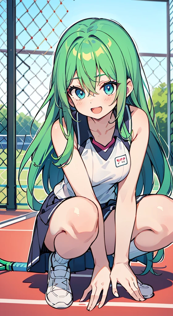(A pretty girl with green hair and blue eyes),(wearing tennis wear),(tennis racket),(baby face),(masterpiece:1.2),(ultra-detailed:1.2),(anime girl),(only one person),(bangs),(hair between eyes),(beautiful hair),(shiny eyes),(medium breasts),(big smile),(opened mouth),(squatting),(tennis court)