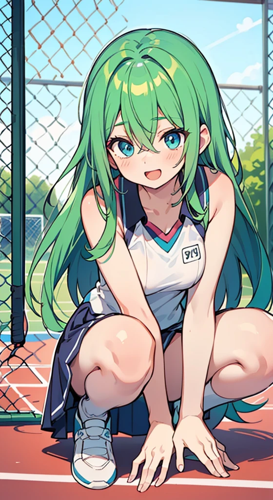 (A pretty girl with green hair and blue eyes),(wearing tennis wear),(tennis racket),(baby face),(masterpiece:1.2),(ultra-detailed:1.2),(anime girl),(only one person),(bangs),(hair between eyes),(beautiful hair),(shiny eyes),(medium breasts),(big smile),(opened mouth),(squatting),(tennis court)