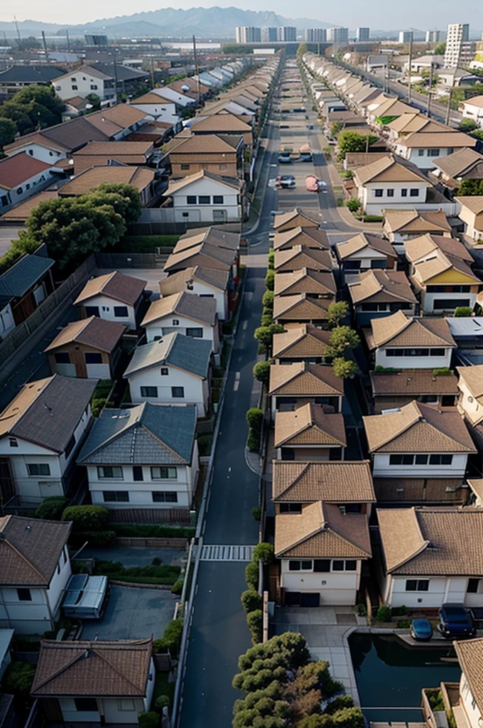 View from above of a Japanese style housing development and all the houses with the same shape