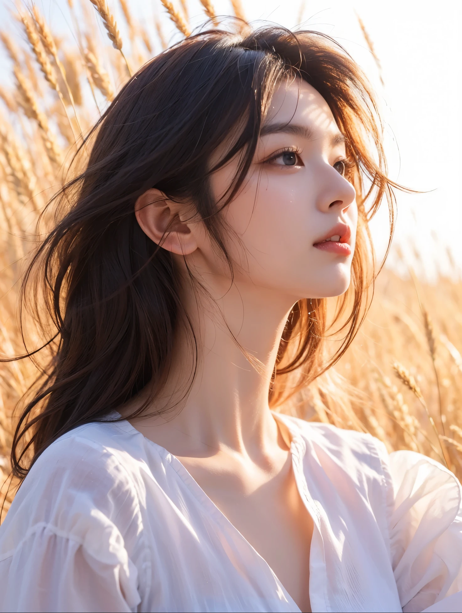 Beautiful Japanese waifu, early 30s, brunette hair, loose white shirt, in a golden wheat field