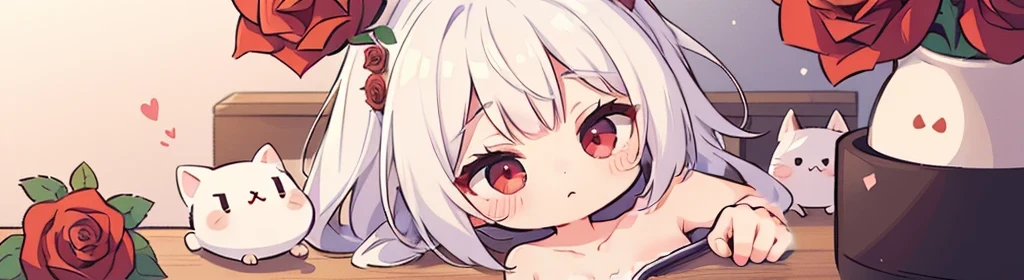 ((((1girl:1.5)))), white hair, red eyes, long hair, (collarbone:1.4), (2d, chibi, cute, cute, small , big eyes), ((((rose)))), skin color white, think about something, background/(in the room ,modern girl&#39;s room, bed, Soft mood lighting)