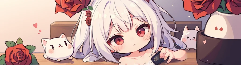 ((((1girl:1.5)))), white hair, red eyes, long hair, (collarbone:1.4), (2d, chibi, cute, cute, small , big eyes), ((((rose)))), skin color white, think about something, background/(in the room ,modern girl's room, bed, Soft mood lighting)