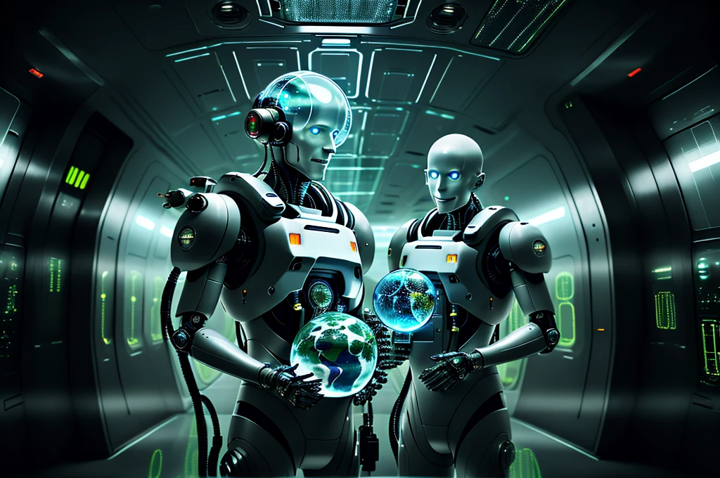 (fantchar), (futuristic scuba gear), (holding earth globe hologram:1.5), friendly scifi reptile robot with a huge brain, (smirk:1.4), cables, (radio_antenna), sonar, ((wires connected to portable fusion reactor)), (scifi lab:1.5), monitors with scientific data, mechanical_halo, (blood vessels connected to tubes), (mechanical vertebra attached to back), ((echanical cervial attached to neck), (mechanical_wings:1.3), mechanical_parts, biohazard, bio warfare, alien vegetation, (spaceship corridor:1.5),