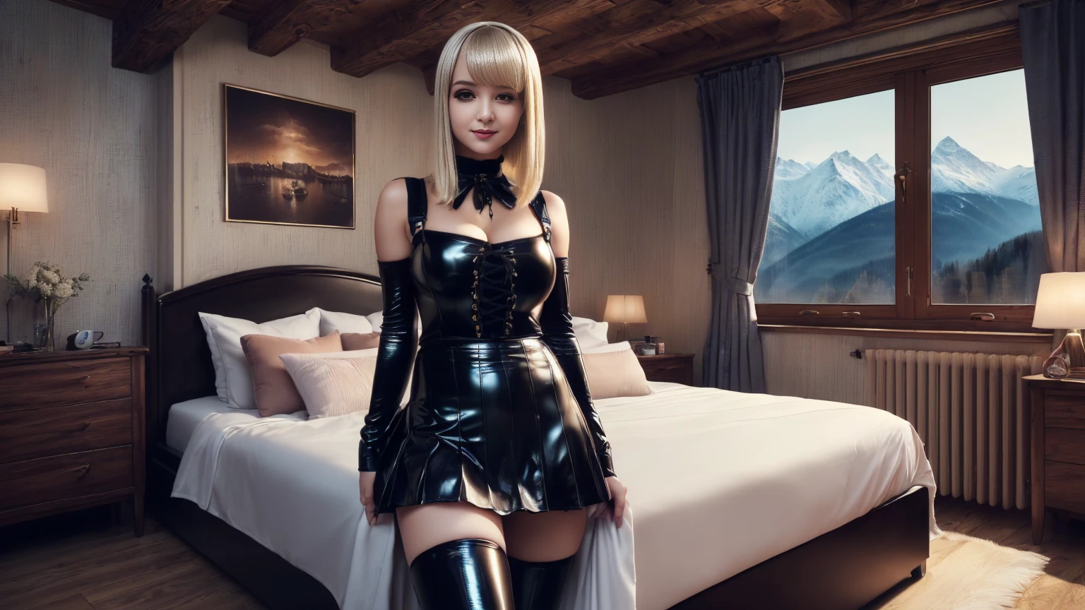 (masterpiece, professional lighting, 16k, 8k wallpaper, raw photo, photorealistic: 1.8, ultra detailed natural soft lighting, detailed skin, detailed face, detailed eyes, textured skins, cinematic composition, FRONT view detailed: 1.2), (Girls, mountain chalet bedroom interior: 1.5, luxury furniture, female negligence: 1.3), looking at the viewer, Shy, big breasts: 1.2, embarrassed face, smile: 0.7, silky white skin, gothic makeup, shiny lips, Group Photo, (4 Girls: 1 perfect style, slim), ((attractive slim female body)), ((SEXY gothic lolita MINI SKIRT TIGHT FIT LATEX )), ((smooth texture)), blonde hair, straight hair, LONG bob cut, ((apparent pussy view)),





