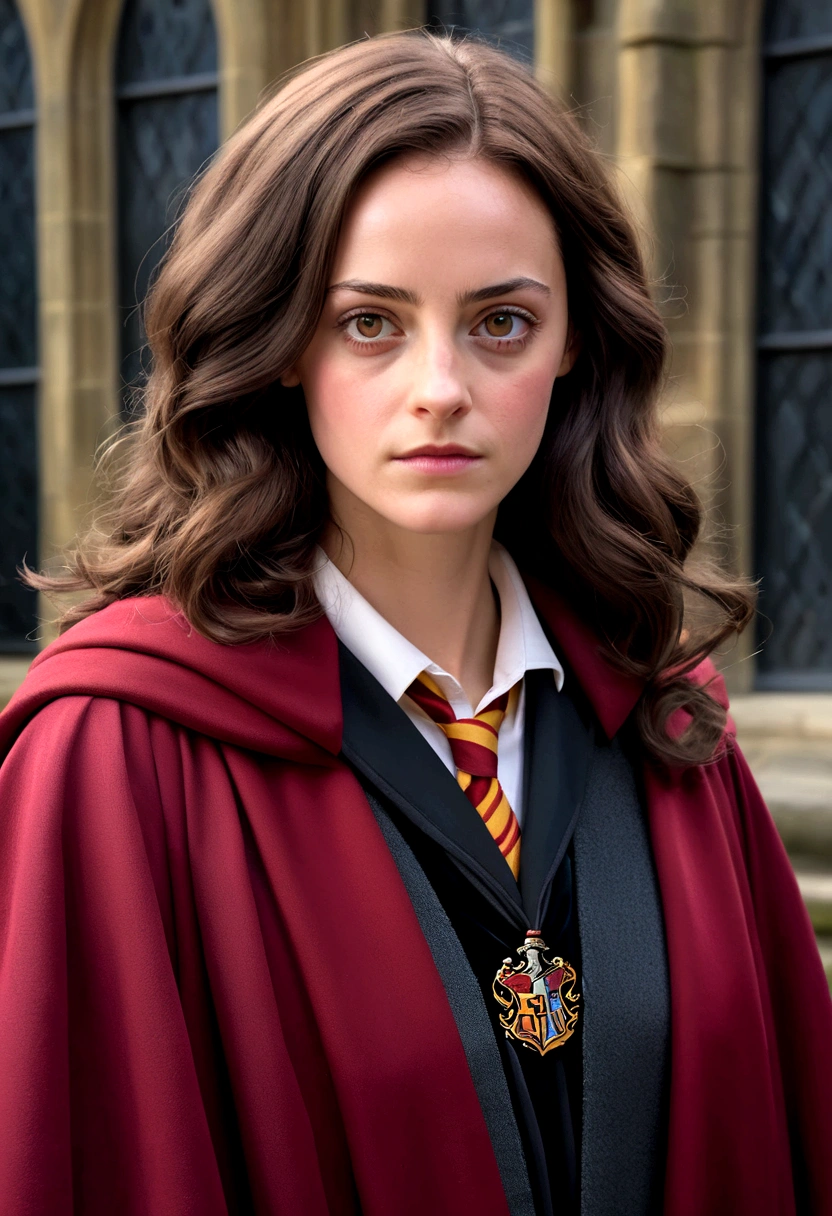 Kaya Scodelario in Harry Potter robes(((medium close-up))),1girl in,8K, Raw photography, top-quality, ​masterpiece, realisitic,Robes,wearing black wizard robes, Gryffindor, magic , wearing robes and neckties, hogwarts style, wearing red sorcerer's robes, High quality clothing, (Canon EOS 5D Mark IV Camera, Famous for capturing vibrant colors and rich textures:1.2)
