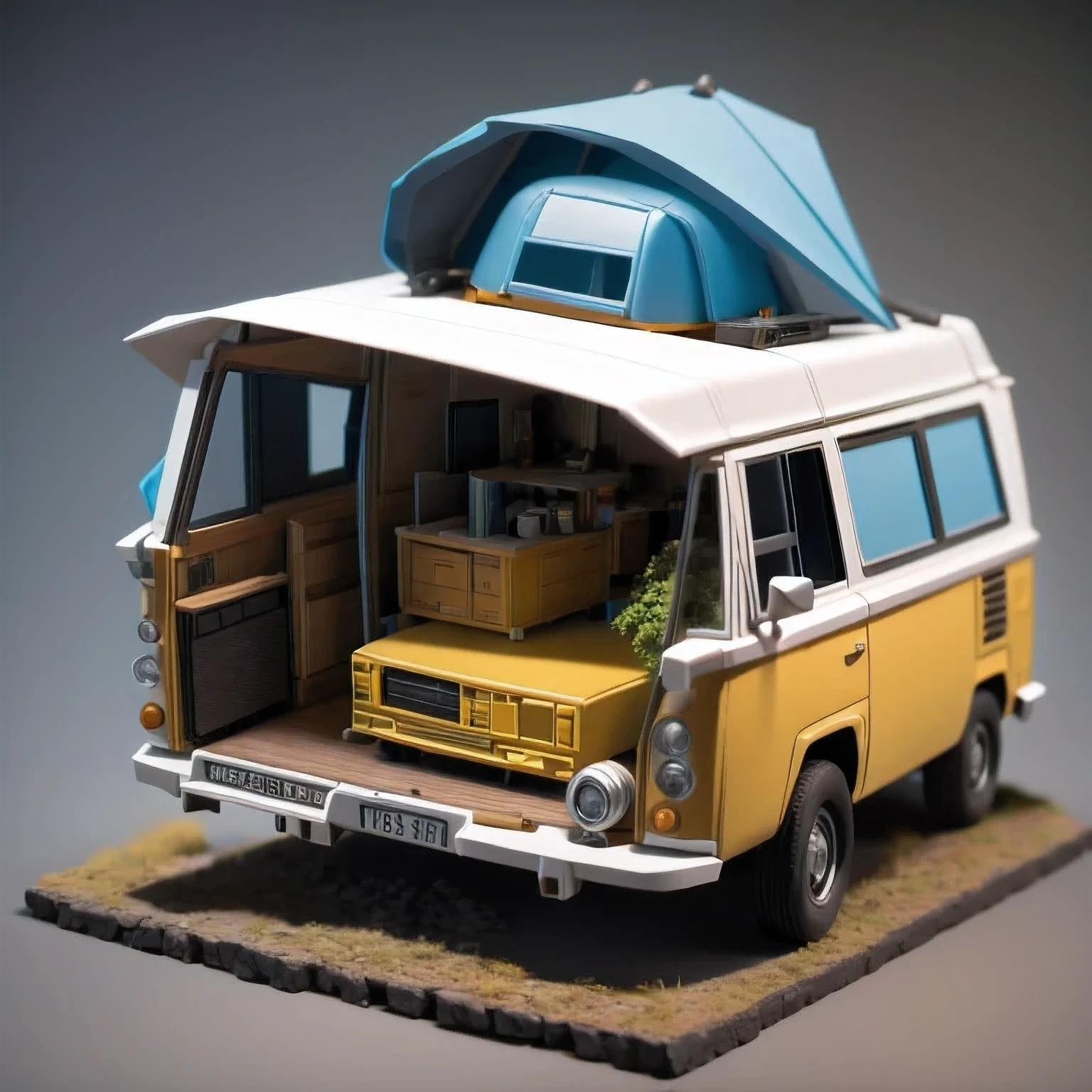 there is a small model of a camper van in a cave, stylized 3d render, 3d illustration, 3 d illustration, highly detailed diorama, 3 d low poly render, 3d low poly render, low poly 3 d, highly detailed sculpey diorama, lowpoly, low poly render, diorama model, low poly 3 d render, diorama