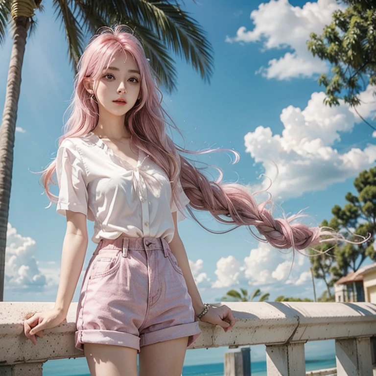 Light pink hair, Pink Eyes, White blouse and shorts, blue sky, Vibrant colors, blouse white、splash, Light Racing, Wavy long hair、splash、Light of the sun、Braid