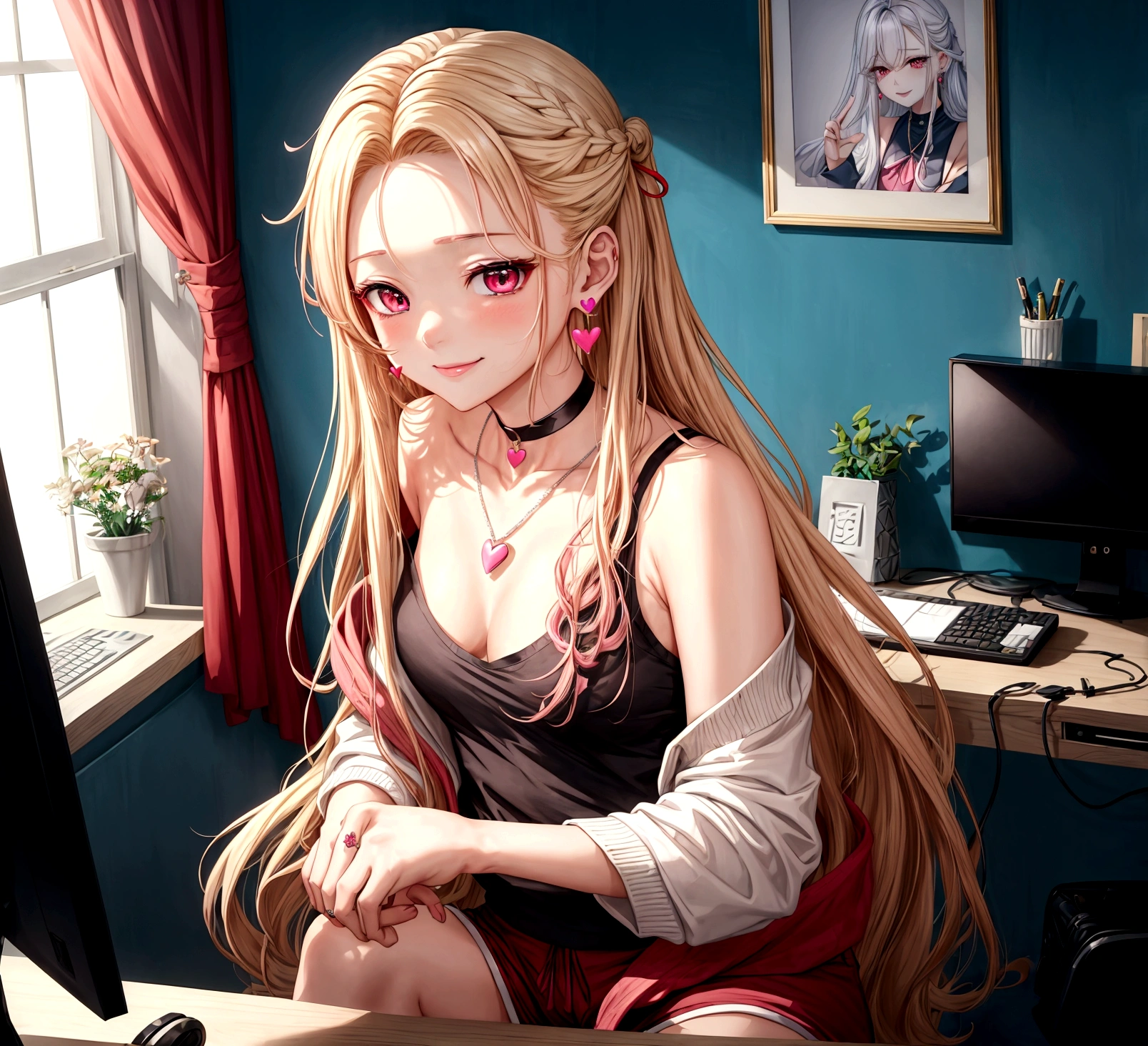 ((최고의 품질)), ((걸작)), (상세한), 여자 1명, Create an anime-style digital artwork of a character with long, straight, sleek blonde hair and bright red eyes. The character is wearing a white cardigan over a black tank top and dolphin shorts. She is accessorized with a pink heart pendant choker and long, decorative earrings. Her hair features a red heart hairpin on the side. The character is sitting in her room in front of a desktop computer, smiling warmly. The background should show a cozy room with soft lighting, with elements like a computer desk, monitor, and some personal items scattered around. The overall mood should be relaxed and inviting, capturing the essence of a casual day indoors.shiny forehead,slicked-back hair, forehead