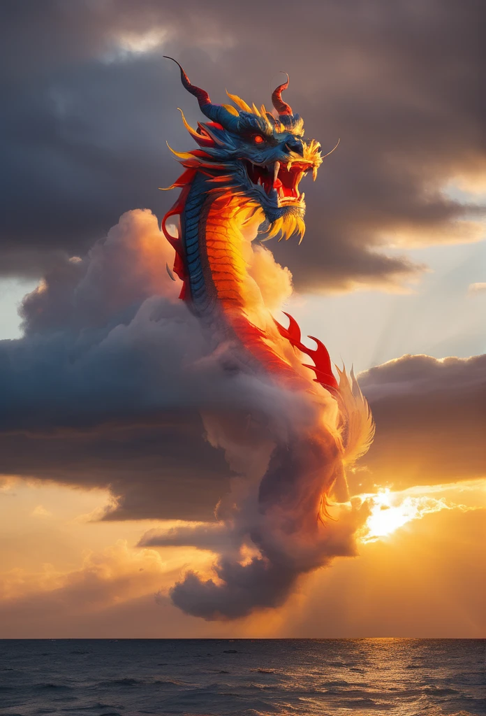 Cloud that looks like a Chinese Dragon illuminated by the rays of the setting sun