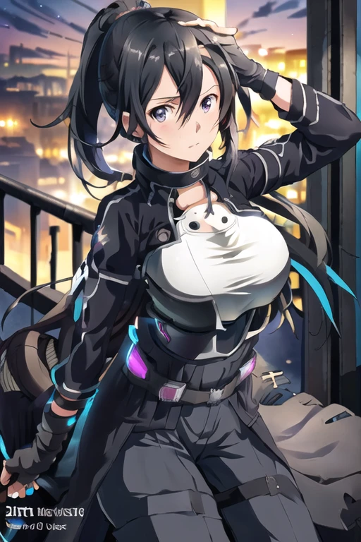 One girl, Cowboy Shot, beautiful Kirito_Genetically modified crops, Long Hair, Black hair ponytail, Iris, Outdoor, Kirito_suit, night,city , Volumetric lighting, Highest quality, masterpiece, Intricate details, Tone Mapping, Sharp focus, Super detailed, Trending on Art Station, (Cleavage, Big Breasts, Hourglass body type)