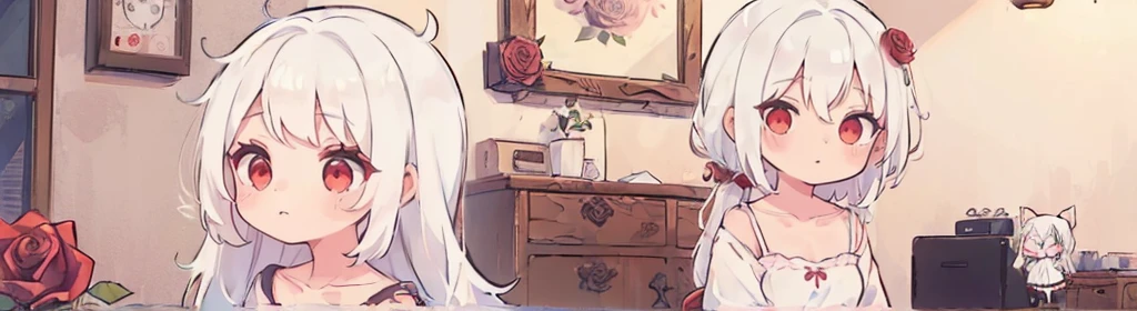 ((((1girl:1.5)))), white hair, red eyes, long hair, (collarbone:1.4), (2d, chibi, cute, cute, small , big eyes), ((((rose)))), skin color white, think about something, background/(in the room ,modern girl's room, bed, Soft mood lighting)