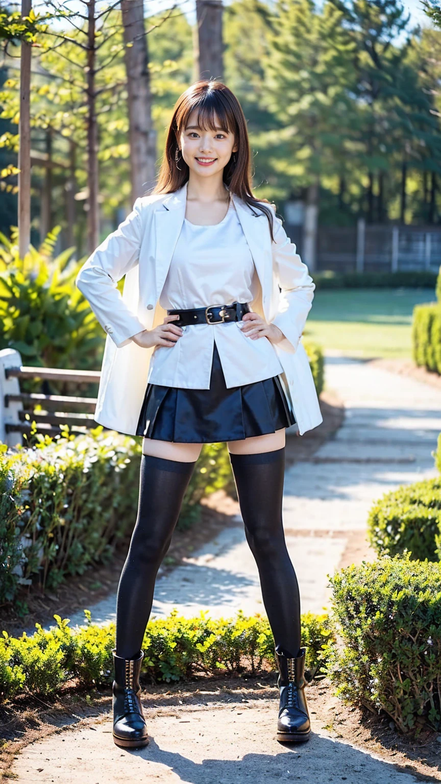 (8K、RAW Photos、Highest quality、masterpiece:1.2)、(Realistic、Realistic)、1 Girl、((Check mini skirt、Jacket、smile、black、Thin legs、whole body、boots、one piece、tights、garden、View from the front、Looking into the camera、belt、Stand with hands on hips))、cute