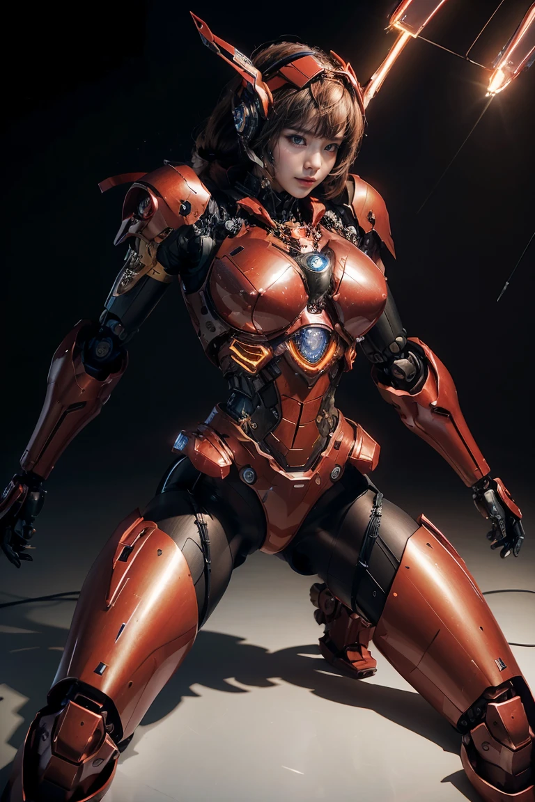 Create a detailed illustration of a red mech robot with a bulky and armored design. The robot has a strong and powerful appearance, with multiple segments and mechanical parts visible. It features a helmeted head with sharp angles, large shoulder armor, and heavily armored legs. The mech has a distinct red color scheme with accents of black and gold, giving it a formidable and imposing look.