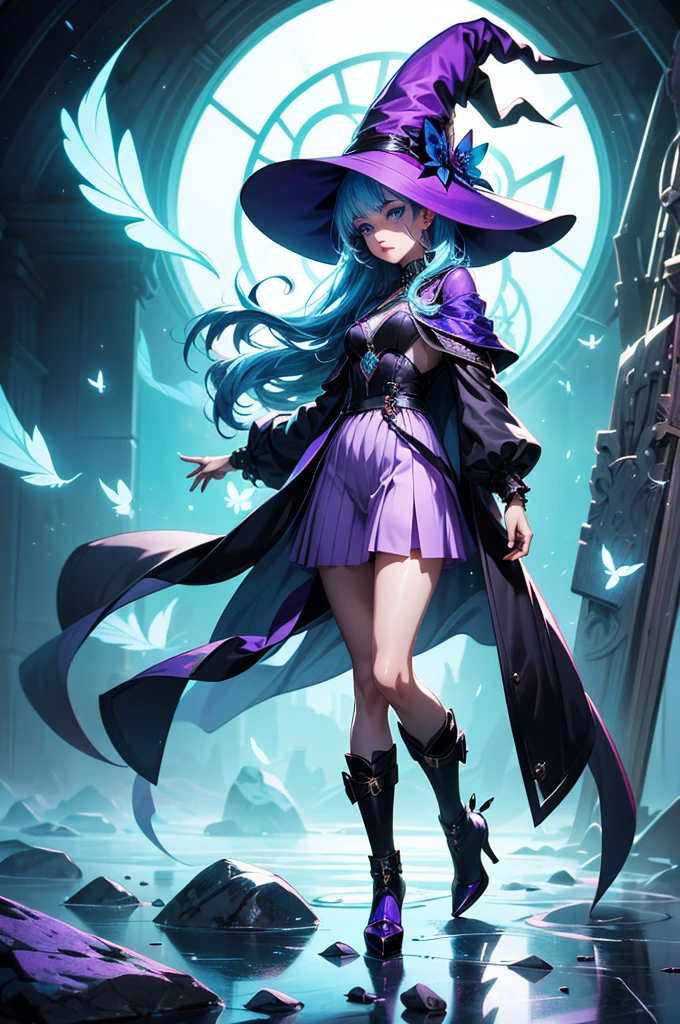 In the middle of so the storm on the stone field stand beatiful witch, she have a beautiful face with blue eyes shining purple lipstick and purple eye shadows, she have long blue hair with purple highlights, she dressed in black long coat short skirt high heels shoes and witch hat on her head , there is lighning butterflys fly all around her, (ultra high quality fantasy art, anime fantasy style, masterpiece, ultra high quality character design, 8k quality anime art, realistic anime art, top quality wallpaper illustration, detailed ultra high quality accurate face, high quality design and accurate physic)