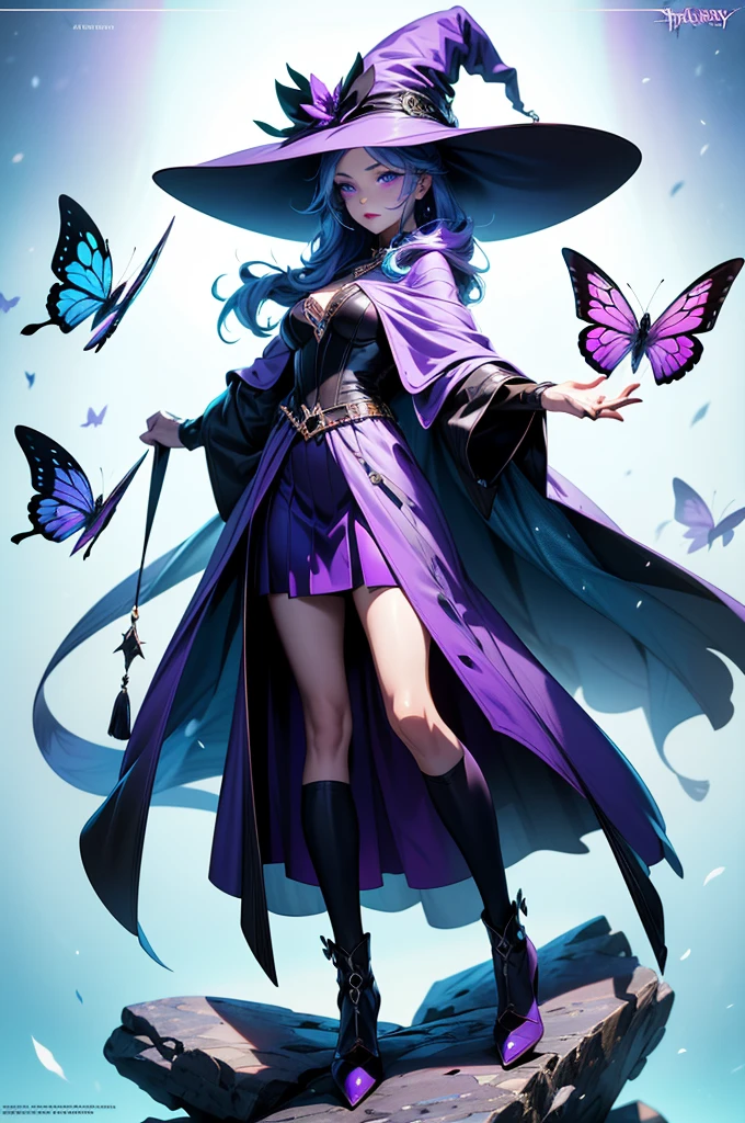 In the middle of so the storm on the stone field stand beatiful witch, she have a beautiful face with blue eyes shining purple lipstick and purple eye shadows, she have long blue hair with purple highlights, she dressed in black long coat short skirt high heels shoes and witch hat on her head , there is lighning butterflys fly all around her, (ultra high quality fantasy art, anime fantasy style, masterpiece, ultra high quality character design, 8k quality anime art, realistic anime art, top quality wallpaper illustration, detailed ultra high quality accurate face, high quality design and accurate physic)