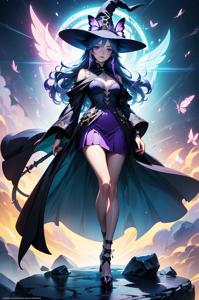 In the middle of so the storm on the stone field stand beatiful witch, she have a beautiful face with blue eyes shining purple lipstick and purple eye shadows, she have long blue hair with purple highlights, she dressed in black long coat short skirt high heels shoes and witch hat on her head , there is lighning butterflys fly all around her, (ultra high quality fantasy art, anime fantasy style, masterpiece, ultra high quality character design, 8k quality anime art, realistic anime art, top quality wallpaper illustration, detailed ultra high quality accurate face, high quality design and accurate physic)