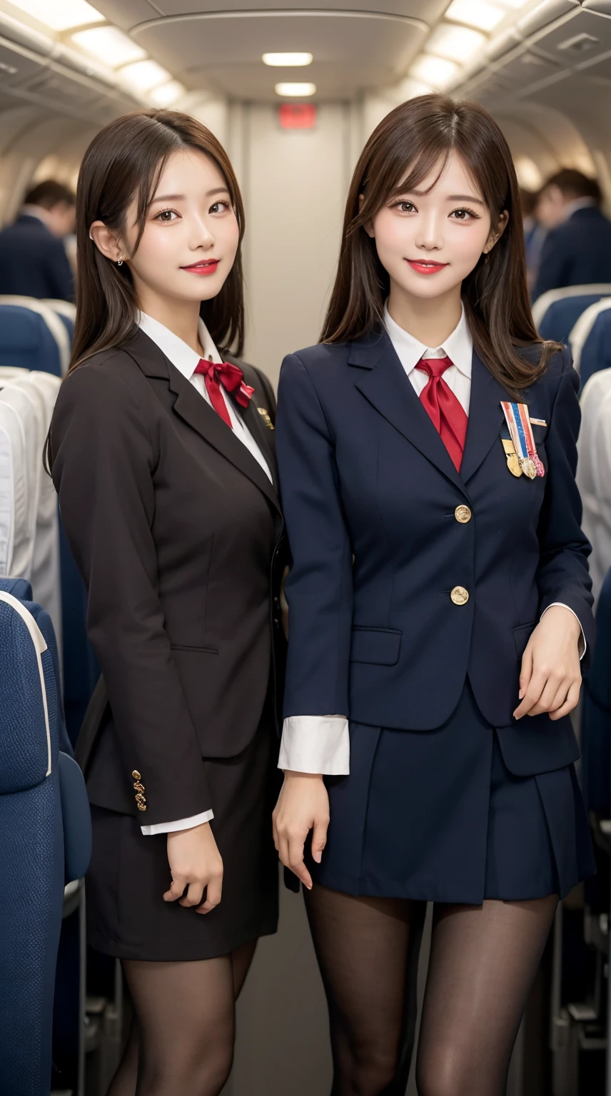 highest quality、8k、best image quality、Award-winning work), two beautiful women、(2 women:1.6), radiant beautiful skin , masterpiece、top-quality、The ultra -The high-definition、depth of fields、lens flare , 2 girls、、brown hair, watching at viewers glares, large , crimson stewardess uniform, ( stewardess blazer:1.3), shirt, short skirt, (black high heels), perfect legs, model pose, view from below, smiling , flight cabin, pantyho