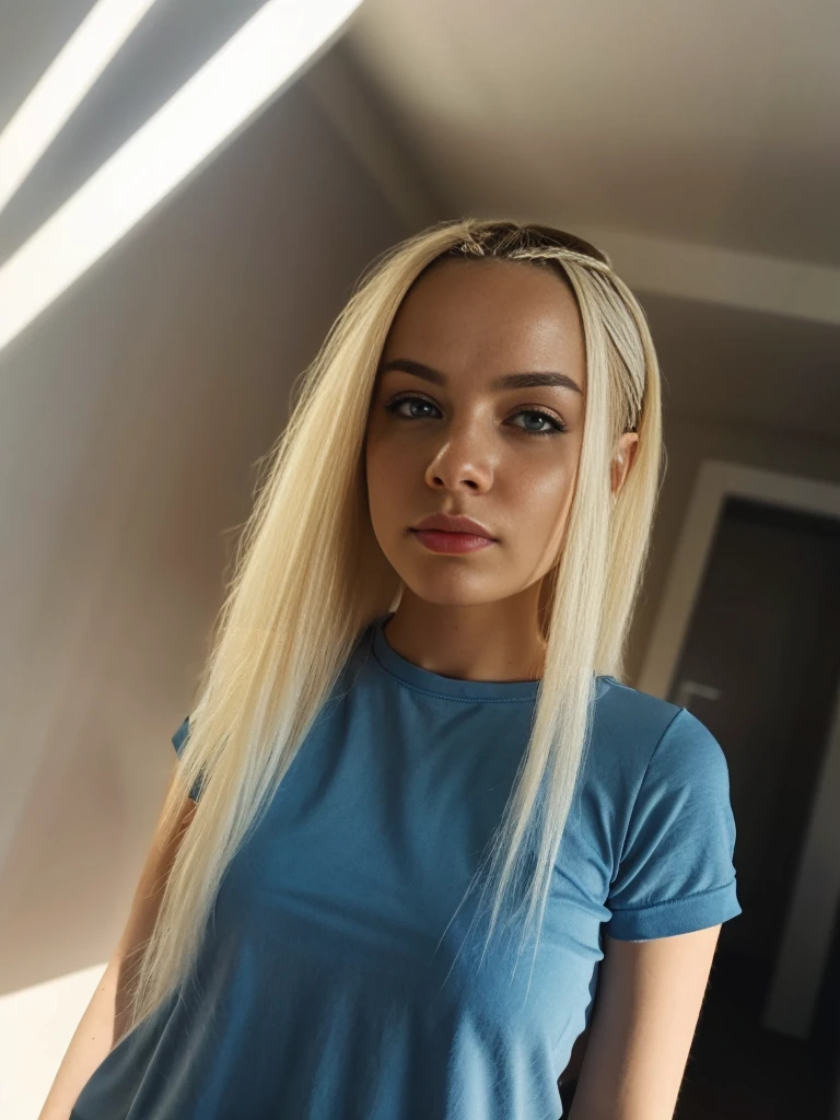 Top view. close up portrait of a Beautiful Russian woman with blonde hair. short braids, short hair, blue T-shirt. Pale skin. hair with braids. [The character is surrounded by mist, evoking a mysterious and eerie atmosphere. The lighting is dark and atmospheric, with a red smoke adding a touch of sinister ambiance. The image is of the best quality, with a resolution of 4k and HDR enhancement, showcasing the utmost level of detail and realism, sfw, full body shot.]. [8K, Best Quality, Masterpiece, Ultra High Resolution, (highly detailed CG unity 8k wallpaper), (best photo), (best shadows), isometric 3D, octane rendering, ray tracing, highly detailed, (Best quality, 4K, 8k, A high resolution, masterpiece:1.2), absurdity, ultra detailed, (realistic, photorealistic, photorealistic:1.37), complex parts, HDR, (complex parts:1.12), (hyper detailed, hyper realistic, Soft lighting, spicy:1.2), (complex parts, Hyper detailed:1.15). Blurred foreground. (backlit), realistic, masterpiece, high quality, brightness, chromatic aberration, 8k uhd, some smoke, shadows, contrast, clear sky, (warm hue, warm tone), high details, natural reflections]. 