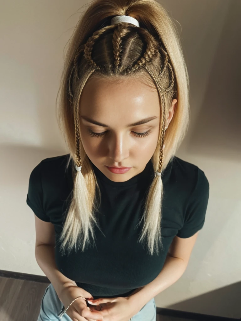 Top view. close up portrait of a Beautiful Russian woman with blonde hair. short braids, short hair, blue T-shirt. Pale skin. hair with braids. [The character is surrounded by mist, evoking a mysterious and eerie atmosphere. The lighting is dark and atmospheric, with a red smoke adding a touch of sinister ambiance. The image is of the best quality, with a resolution of 4k and HDR enhancement, showcasing the utmost level of detail and realism, sfw, full body shot.]. [8K, Best Quality, Masterpiece, Ultra High Resolution, (highly detailed CG unity 8k wallpaper), (best photo), (best shadows), isometric 3D, octane rendering, ray tracing, highly detailed, (Best quality, 4K, 8k, A high resolution, masterpiece:1.2), absurdity, ultra detailed, (realistic, photorealistic, photorealistic:1.37), complex parts, HDR, (complex parts:1.12), (hyper detailed, hyper realistic, Soft lighting, spicy:1.2), (complex parts, Hyper detailed:1.15). Blurred foreground. (backlit), realistic, masterpiece, high quality, brightness, chromatic aberration, 8k uhd, some smoke, shadows, contrast, clear sky, (warm hue, warm tone), high details, natural reflections]. 