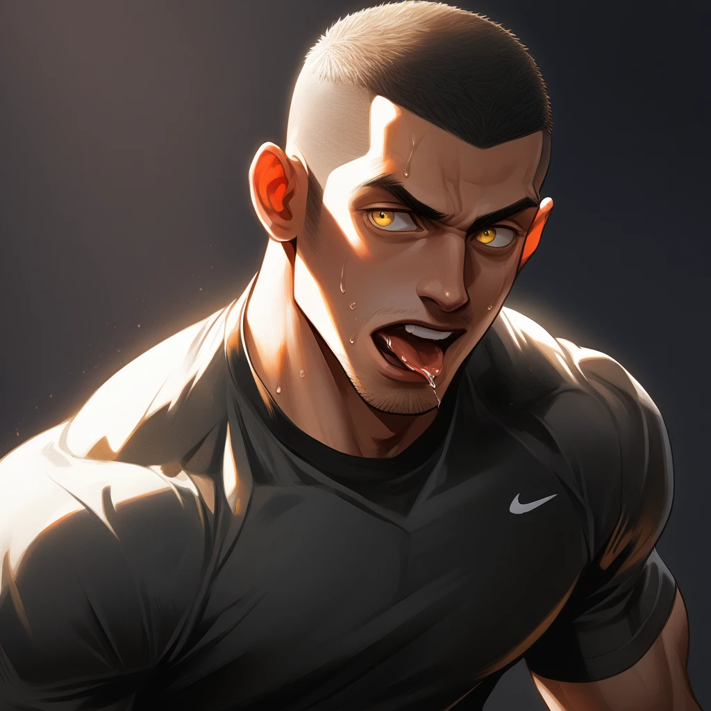 1muscular sportsman, Young Athlete, male focus, Buzz Cut, Mike White tight T-shirt, One, Very tight, muscular male, muscular, only, Upper body, alone, look to the side, short hair, stubble, sweat, black hair, Yellow eyes, open lips, White background, simple background, amazing quality, best aesthetics, Ridiculous, crew cut, saliva trail, chiaroscuro, cinematic lighting, best quality, textured skin