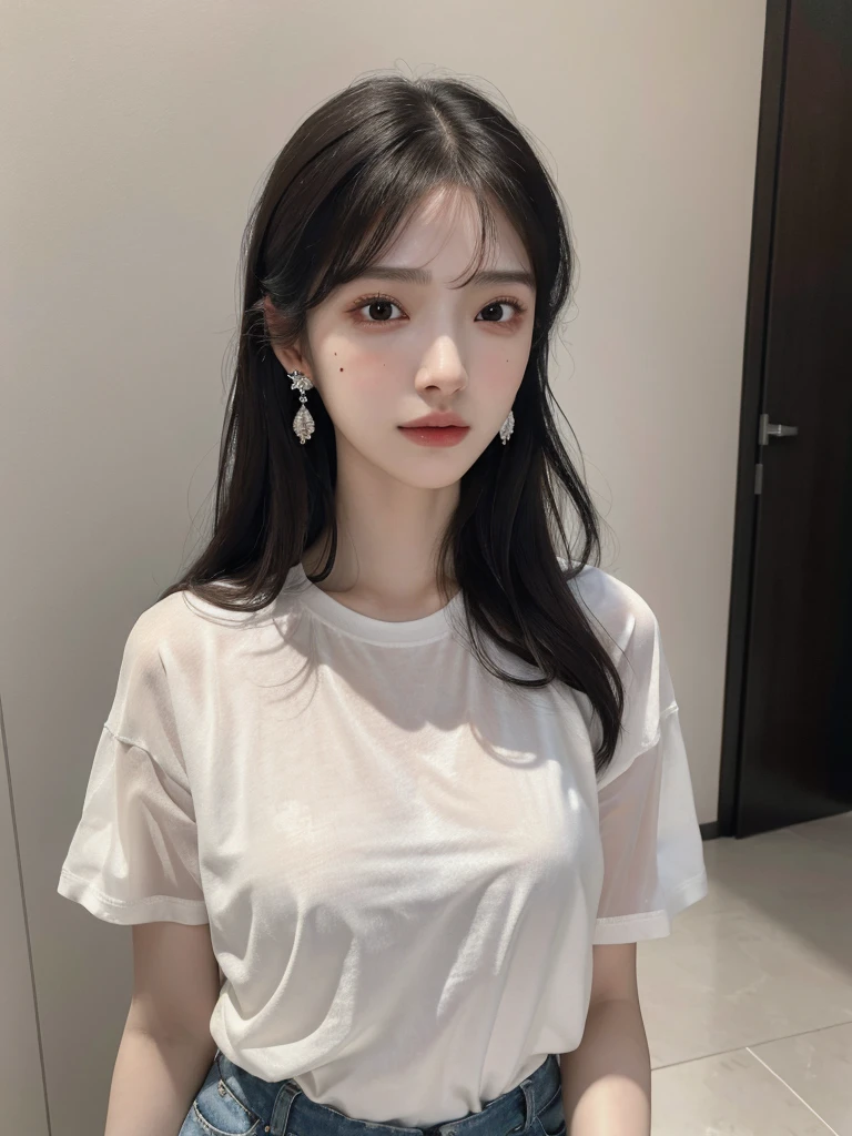 absurdres, RAW photo, extremely delicate and beautiful, masterpiece, Best Quality, ultra high resolution, 32k, hyperrealistic, ultra-detailed, delicate facial features, beautiful detailed woman, tearful mole, earring, medium breasts, full body shot, medium hair, black hair, cap, T-shirt, baggy shorts,