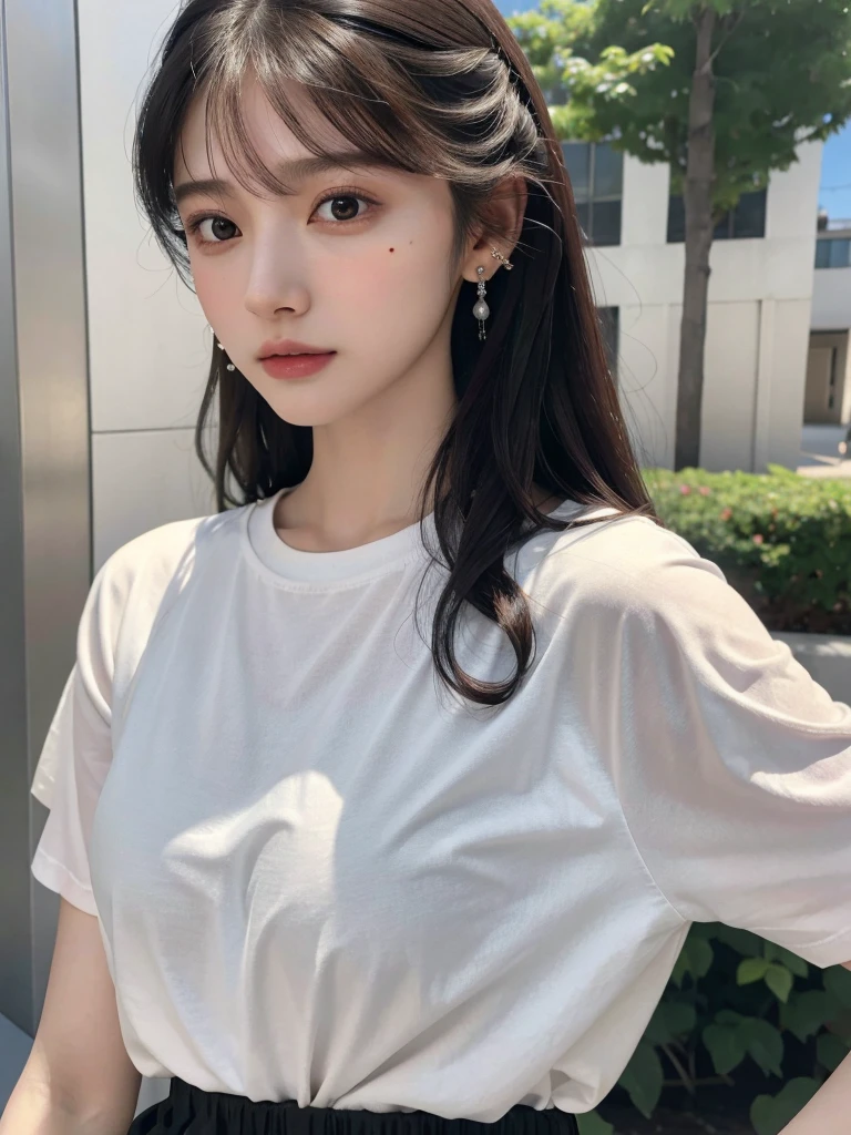 absurdres, RAW photo, extremely delicate and beautiful, masterpiece, Best Quality, ultra high resolution, 32k, hyperrealistic, ultra-detailed, delicate facial features, beautiful detailed woman, tearful mole, earring, medium breasts, full body shot, medium hair, black hair, cap, T-shirt, baggy shorts, 