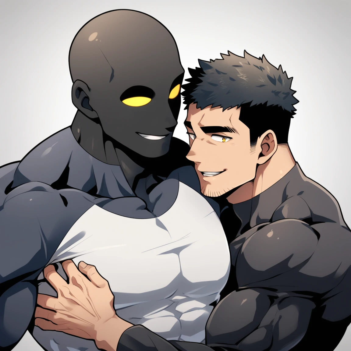 anime characters:Two superheroes in tights, Muscle Sports Student and Muscle No Face skinhead superhero, No Face,negro black skin, They hugged and kissed each other, Bite your neck, Caress, Manliness, male focus, Yellow and black high collar long sleeve tight T-shirt, Slightly transparent material, Very tight, Round, full and perky chest muscles, Muscle waist, Slightly transparent, muscular male, muscular, only, Upper body, alone, Black short hair, Thick eyebrows, stubble, Yellow eyes, Grey background, simple background, amazing quality, best aesthetics, Ridiculous, bright pupils, crew cut, parted lips, seductive smile, torogao, naughty face, drop shadow, best quality