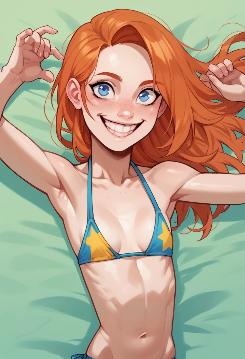 happy girl ((SMILE)) ((blue eyes)) ((ginger hair)) (( bikini)) ((the plan)) (((small breasts)) ((slim)) ((short))