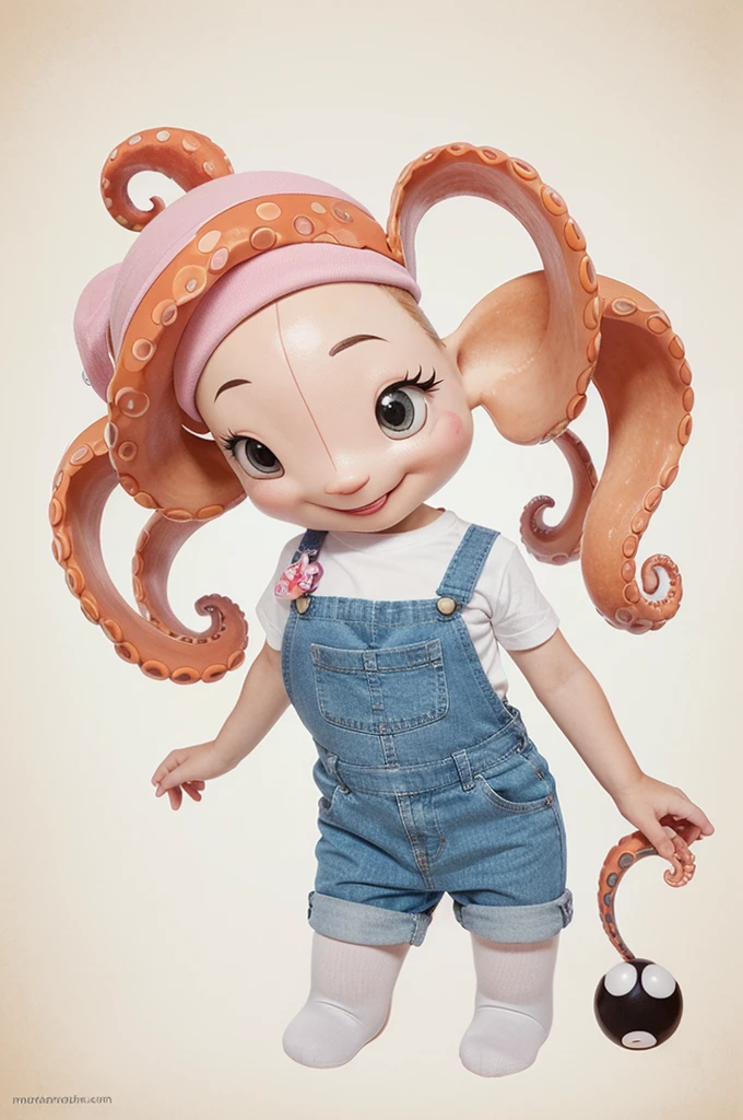 Create an image of a cartoon octopus character with a friendly and cheerful expression. The octopus should have vibrant colors and be drawn in a simple, 2D style. The background should be completely white to make the character stand out. The octopus can have a few playful features, such as a hat or holding a small object, but it should remain cute and suitable for a T-shirt design. The overall vibe should be fun and appealing.