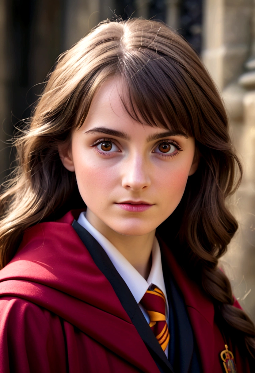 woman in Harry Potter robes(((medium close-up))),1girl in,8K, Raw photography, top-quality, masterpiece, realisitic,Robes,wearing black wizard robes, Gryffindor, magic , wearing robes and neckties, hogwarts style, wearing red sorcerer's robes, High quality clothing, (Canon EOS 5D Mark IV Camera, Famous for capturing vibrant colors and rich textures:1.2)