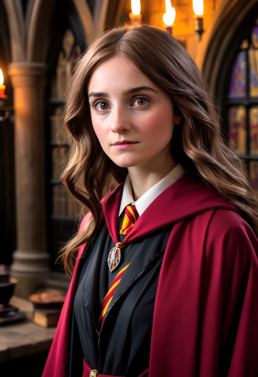 woman in Harry Potter robes(((medium close-up))),1girl in,8K, Raw photography, top-quality, masterpiece, realisitic,Robes,wearing black wizard robes, Gryffindor, magic , wearing robes and neckties, hogwarts style, wearing red sorcerer's robes, High quality clothing, (Canon EOS 5D Mark IV Camera, Famous for capturing vibrant colors and rich textures:1.2)