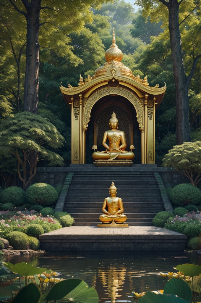 Gold Buddha statue on lotus throne among the trees, matte painting, detailed scenery , style raw, 8 k ultra detailed, environment design illustration, scenery art detailed, concept-art, 4k highly detailed digital art, 4 k digital painting, stunning digital illustration, flowers background, digital painting concept art, Detailed digital painting