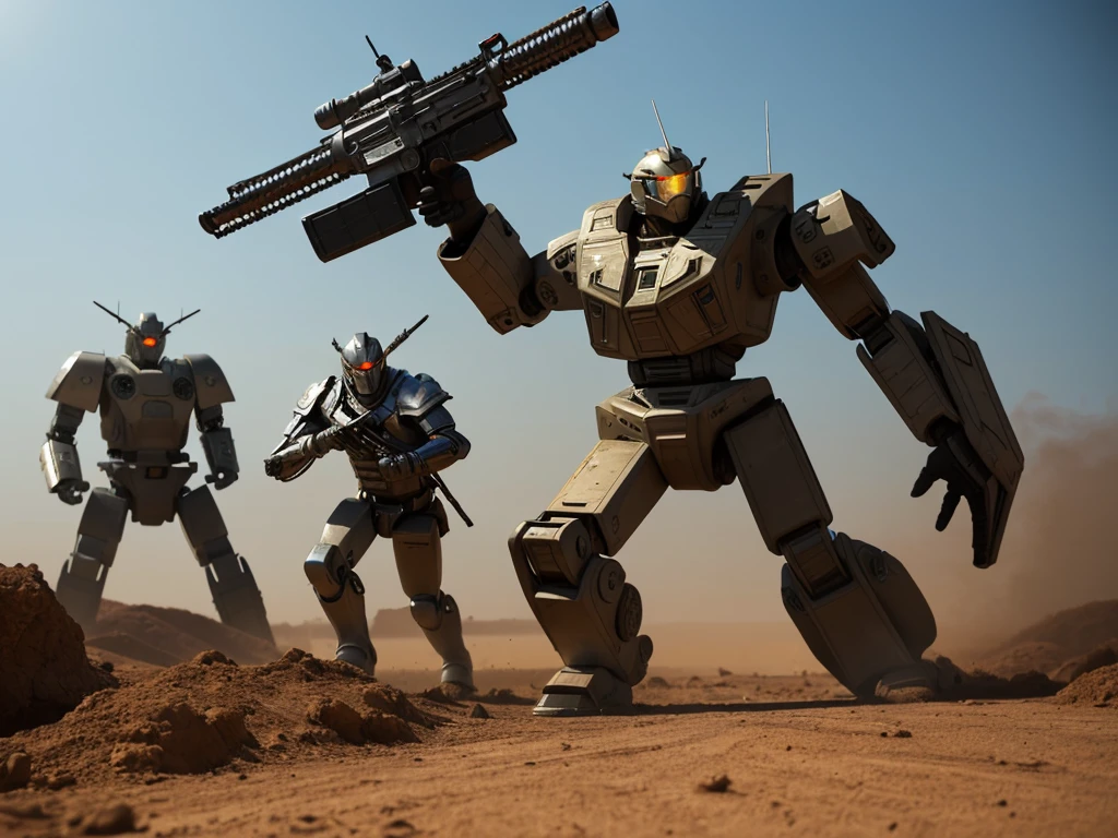 A futuristic battle scene: A squadron of sleek, high-tech infantry, clad in advanced armor and wielding cutting-edge weaponry, converges on a massive robot, its metallic body cracked and smoldering from previous attacks. The ground shakes as the soldiers deploy their unique abilities to disable the beast's defenses, while spotlights cast an eerie glow on the dusty terrain.
