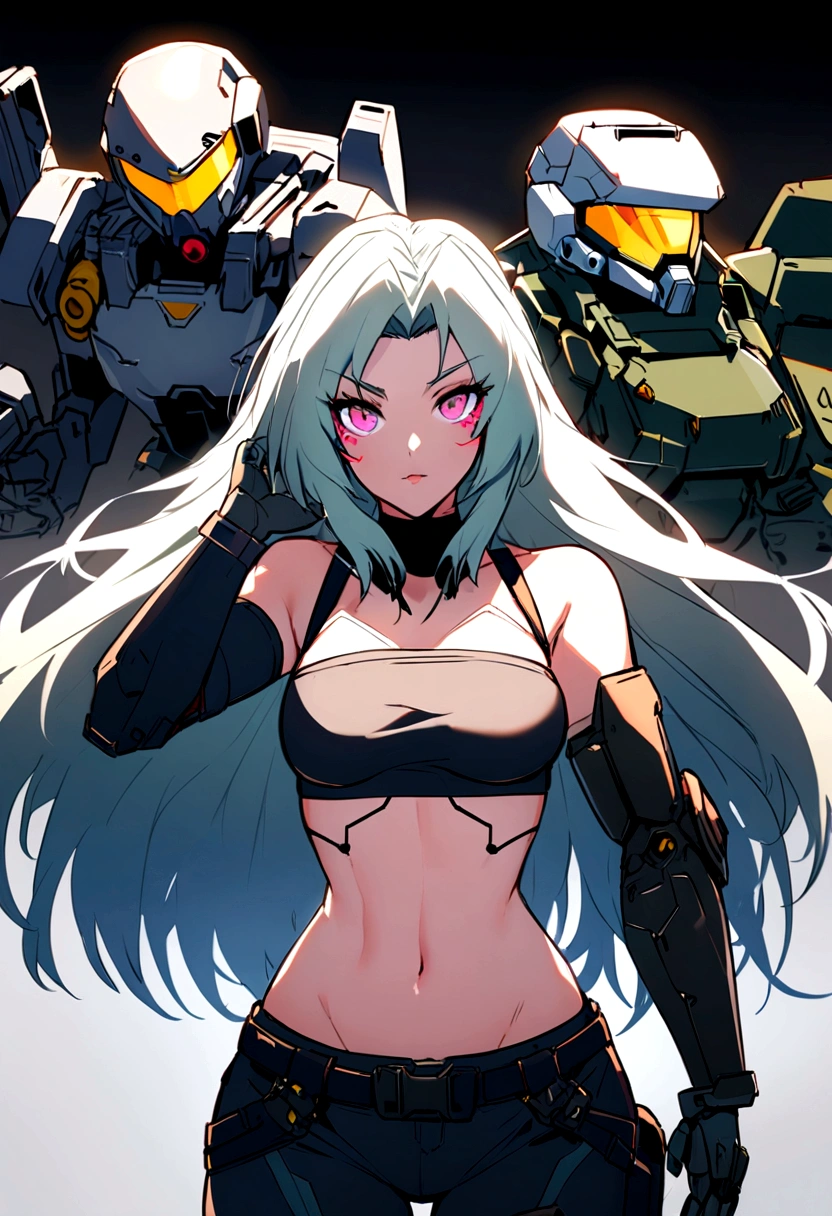 grace howard (zenless zone zero), a close up of a person with a gun and a helmet, tube top and pants, mechanized soldier girl, female cyberpunk anime girl, cyberpunk anime girl, cyberpunk anime girl mech, mechanized valkyrie girl, sigma female, female action anime girl, infantry girl, soldier girl, wearing techwear and armor, female protagonist